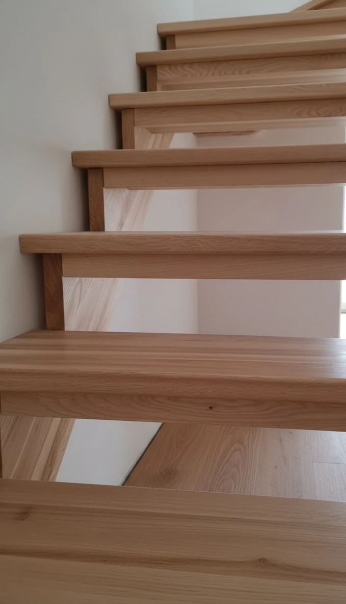 Aufgesattelte Treppe aus Esche mit Holzgeländer in Naturholzfarbe 2