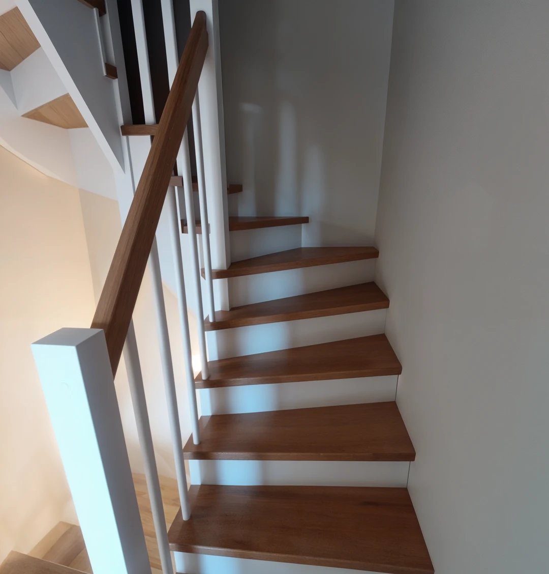 Aufgesattelte Treppe – geländerstäbe in weiß mit Holzstufen  1