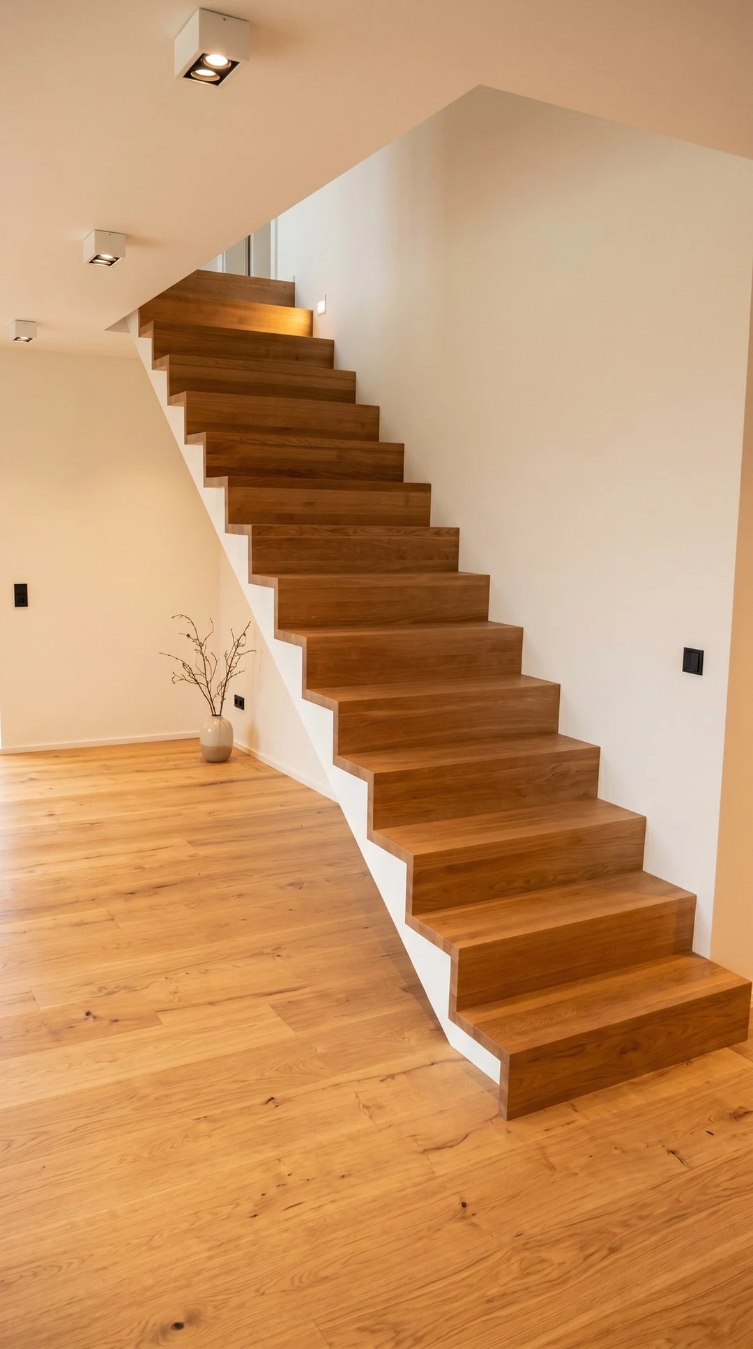 Betontreppe in Faltwerkoptik mit Eichenstufen und indirekter Beleuchtung 2