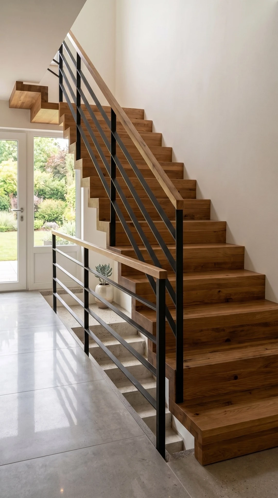 Betontreppe mit rustikalen Eichenstufen und schwarzem Relinggeländer 1