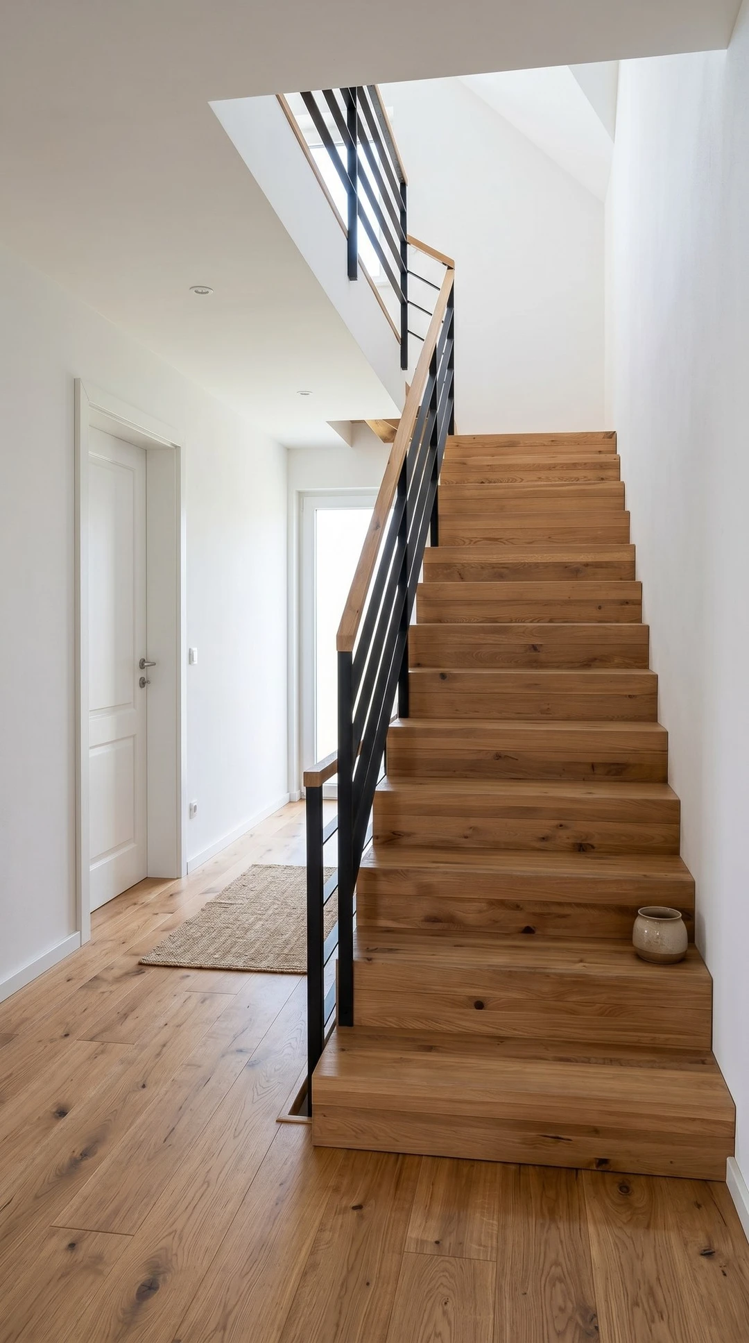 Betontreppe mit Wildeiche-Stufen und schwarzem Relinggeländer 1