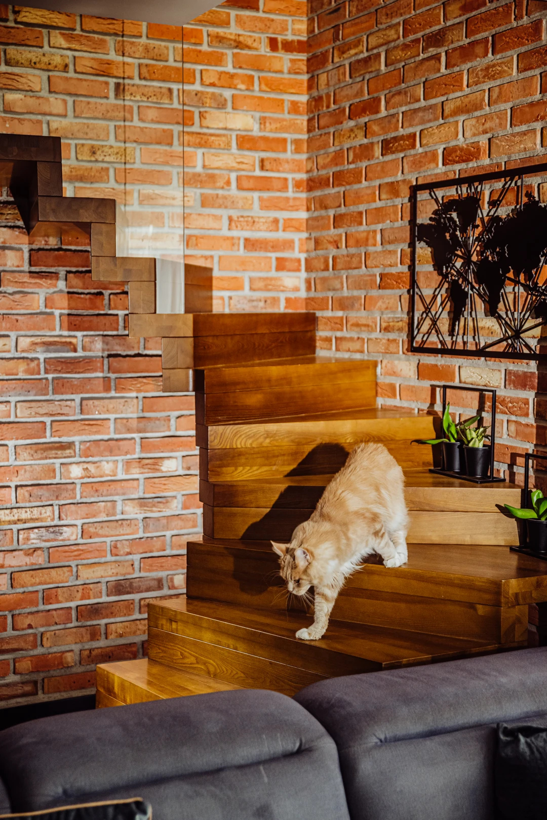 Faltwerktreppe aus gebeizter Esche mit eingelassenem Glasgeländer  3
