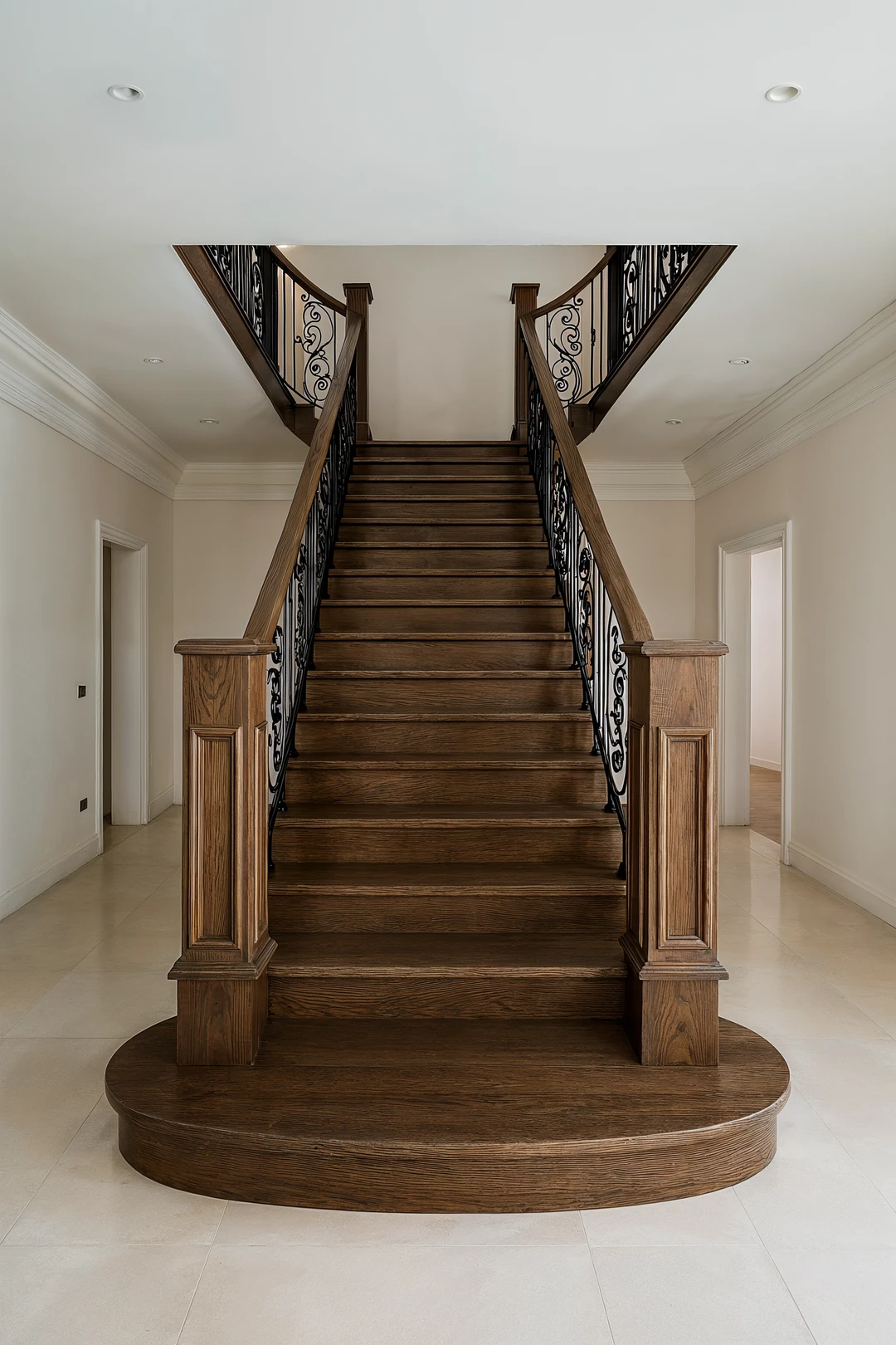 Klassische aufgesattelte Treppe aus gebeizter Eiche mit dekorativem Schmiedeeisen-Geländer und Handlauf  2