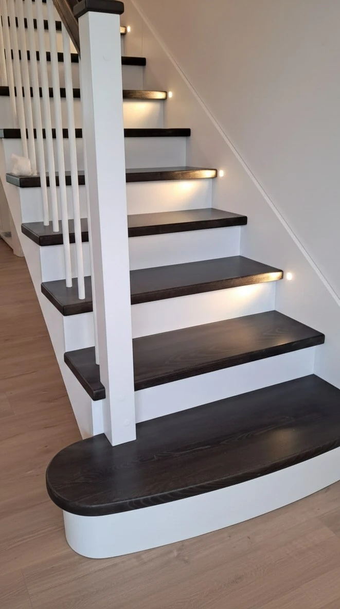Treppe mit weißer Wange innen, dunkel gebeizten Stufen und LED-Beleuchtung 2