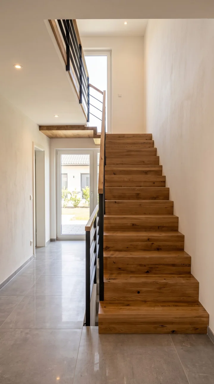 Betontreppe mit rustikalen Eichenstufen und Reling – Raum Bremen