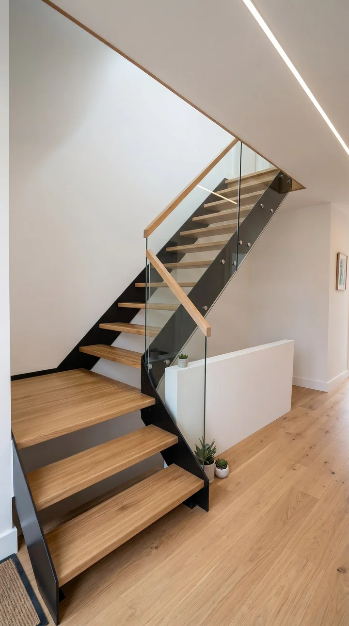 Moderne Stahlwangentreppe mit Eichenstufen und Glas – Raum Essen