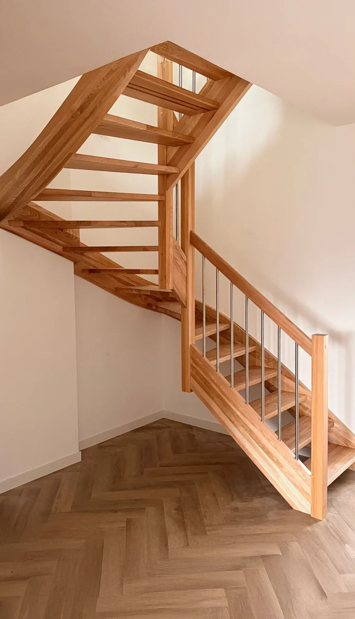 Wangentreppe aus Esche mit Edelstahlstäben und Handlauf – Raum Braunschweig