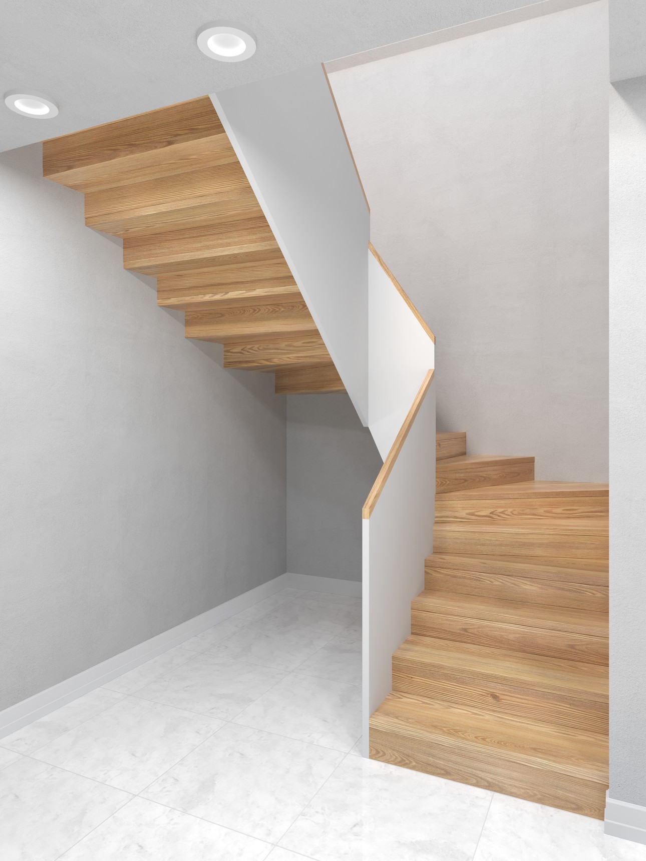Weiße Treppe mit Holzstufen